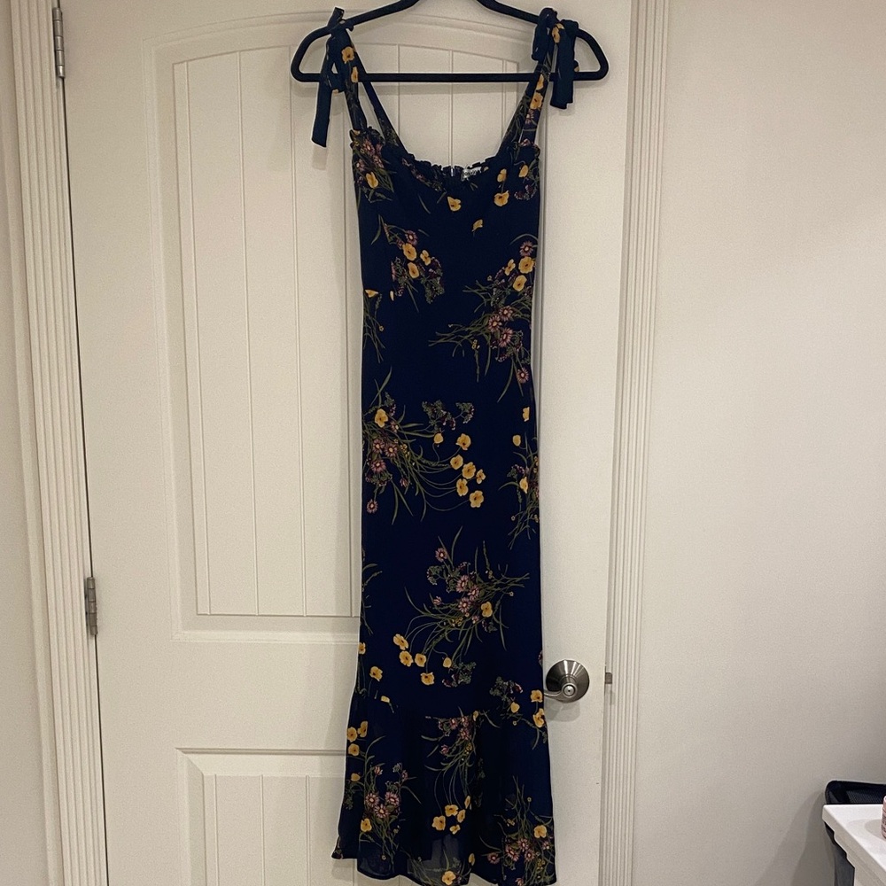 Reformation Floral Tie-Strap Midi Dress Navy Yellow Rose Nikita Size 0 - Picture 4 of 9